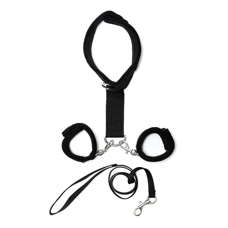 Handcuffs to Collar with Leash Adjustable Black